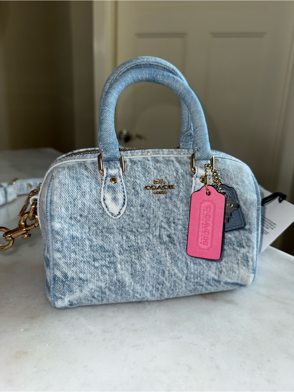 COACH Denim Mini Rowan with Pink Tag - Picture 3 of 8